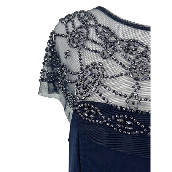 R&M RICHARDS Long Dress with Sheer Beaded Neck and Shoulder Size 10 Navy Blue - Picture 6 of 16